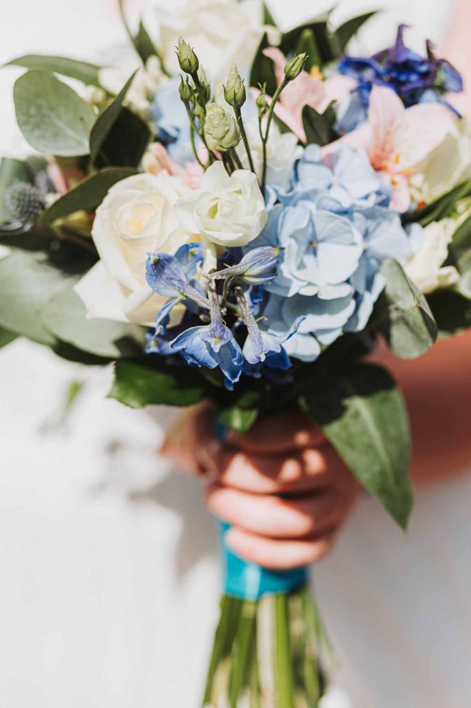 cream and blue wedding bouquet