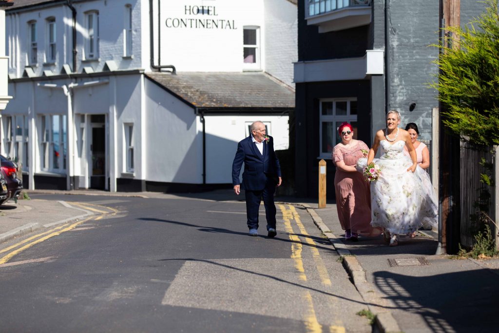 bridal party leaving Hotel Continental in Whitstable