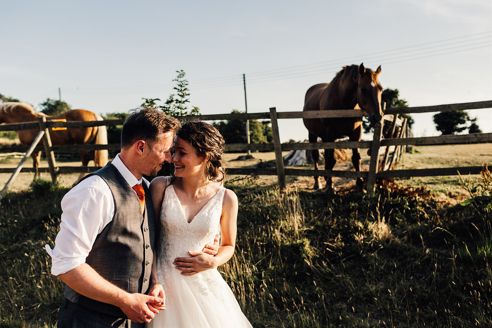 bride and groom portrait with horses and field in background