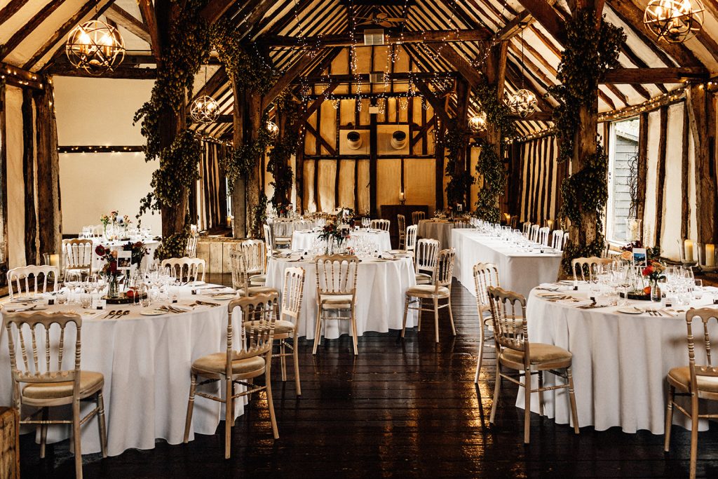 interior barn of winters barns wedding venue set out for a wedding.