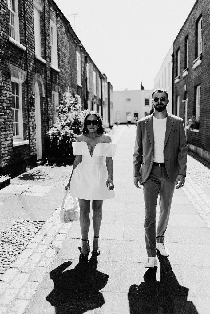 wedding portrait of a couple in the streets of canterbury