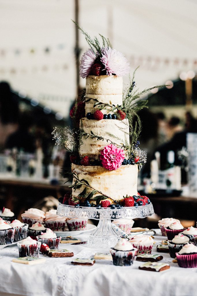 3 tier naked wedding cake with flowers