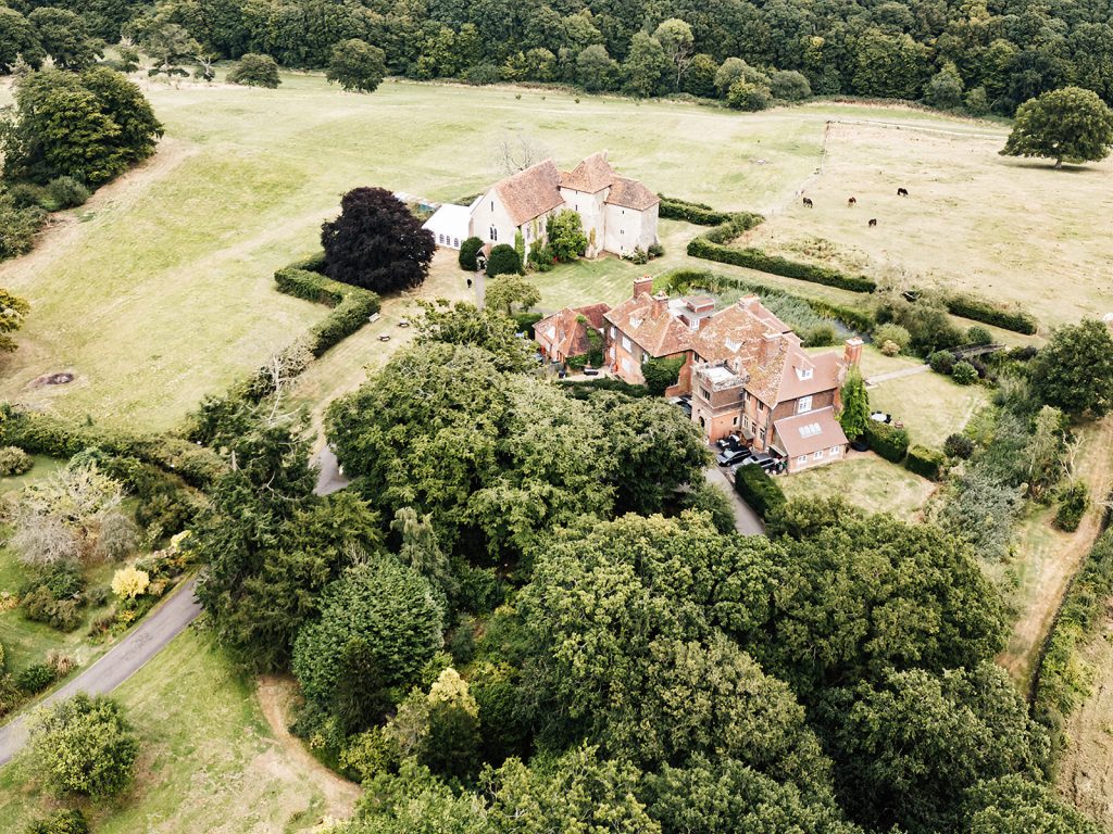 aerial view of bilsington priory wedding venue