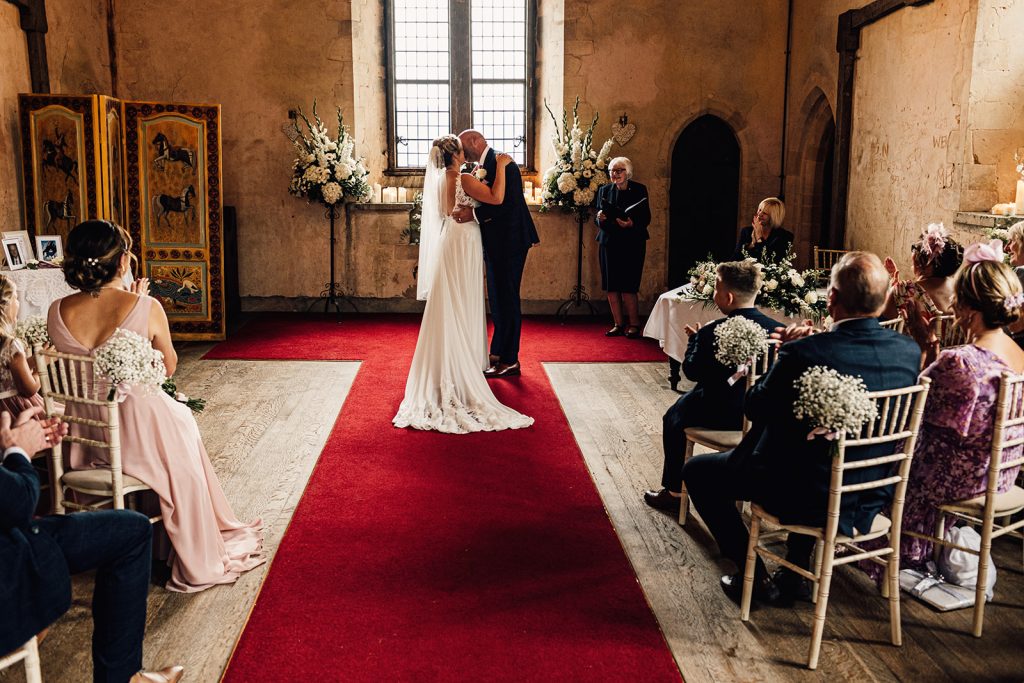 Bilsington priory wedding ceremony first kiss for couple